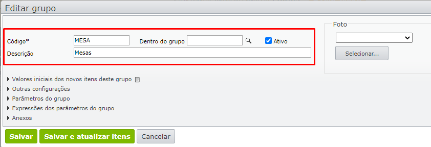 campos código e a descrição do grupo