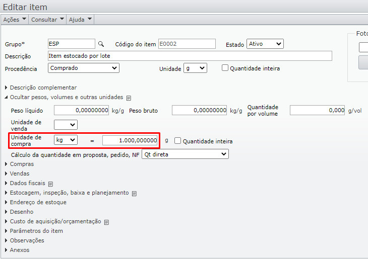 tela de edição do item e campo unidade de compra