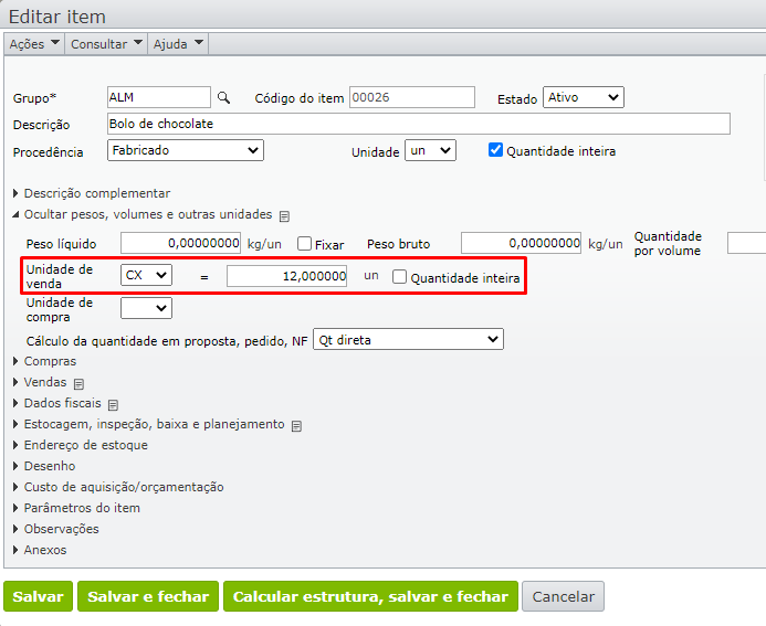 cadastrar a unidade de venda de um item