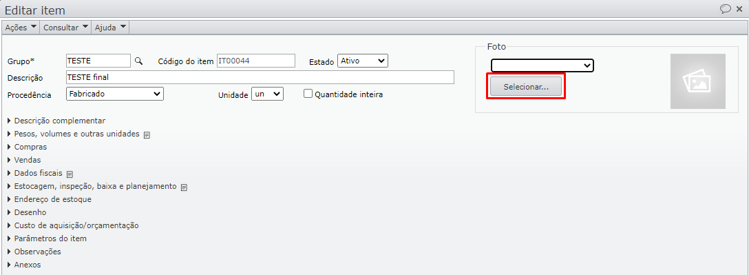 janela de edição do item