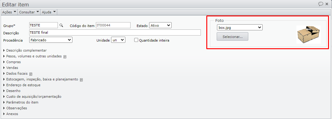 inserir foto na tela de edição do item