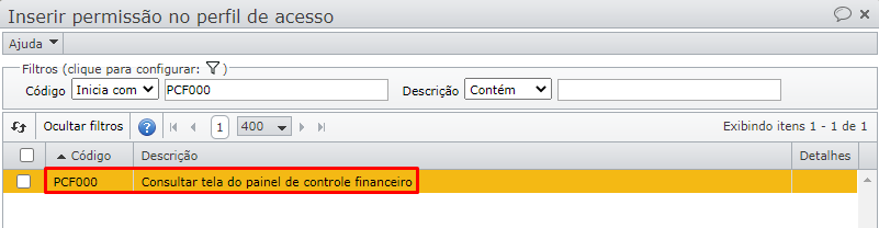 Consultar tela do painel de controle financeiro
