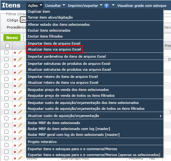 tela Atualizar itens via arquivo Excel