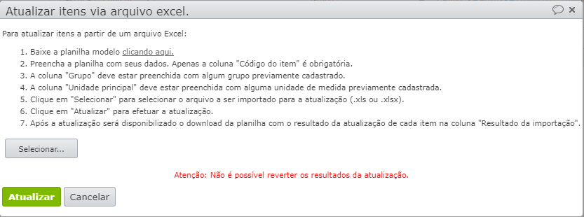 janela para atualizar itens via arquivo excel