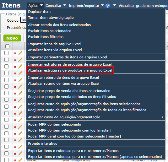 acessar tela Atualizar estruturas de produtos via arquivo Excel