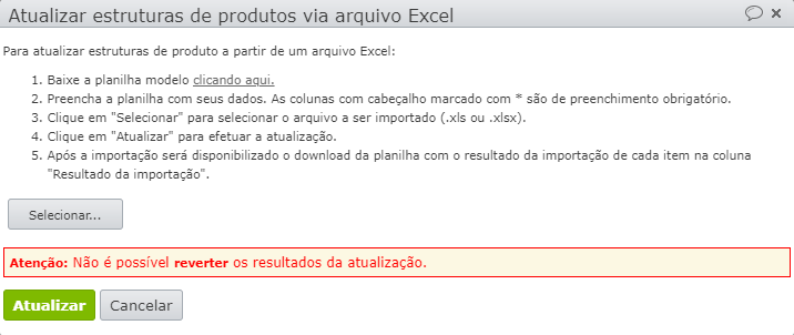 janela aberta para atualizar estruturas de produtos via excel