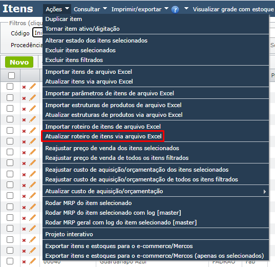 acessar tela Atualizar roteiro de itens via arquivo Excel