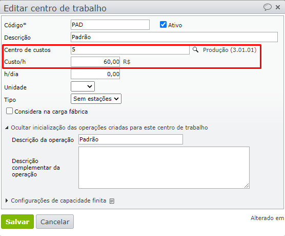 edição do centro de trabalho