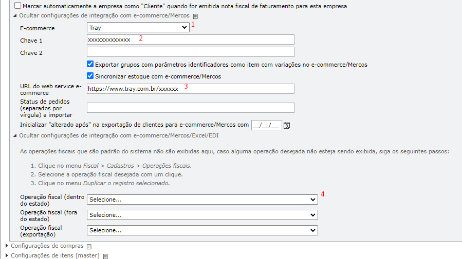 preenchimento dos campos do site para realizar a integração com Tray