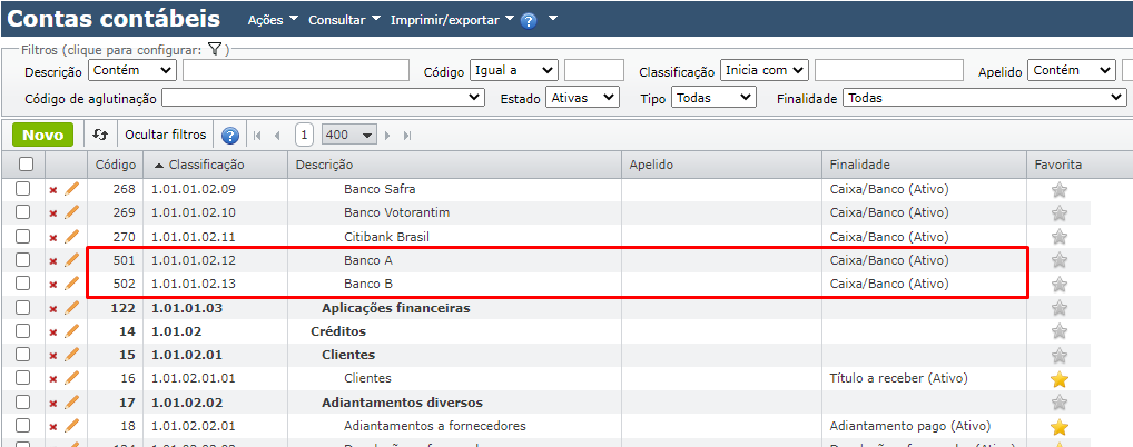 tela contas contábeis - transferências