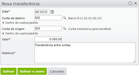 janela nova transferência entre contas