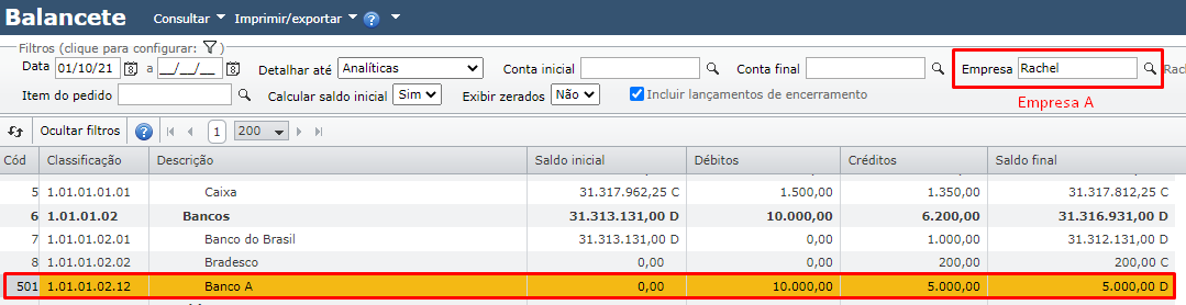 balancete filtrado pela empresa A 01
