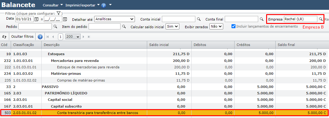 balancete filtrado pela empresa B 02