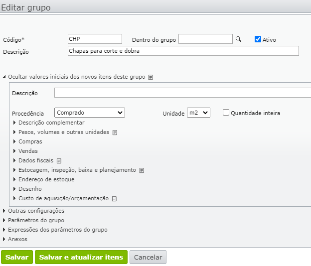 Edição do grupo de insumos Chapa