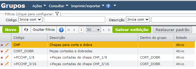 Grupos de itens para corte e dobra de chapas