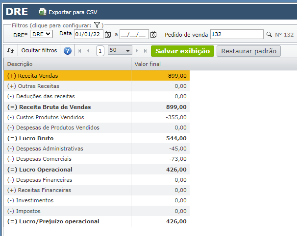 DRE de pedido de venda