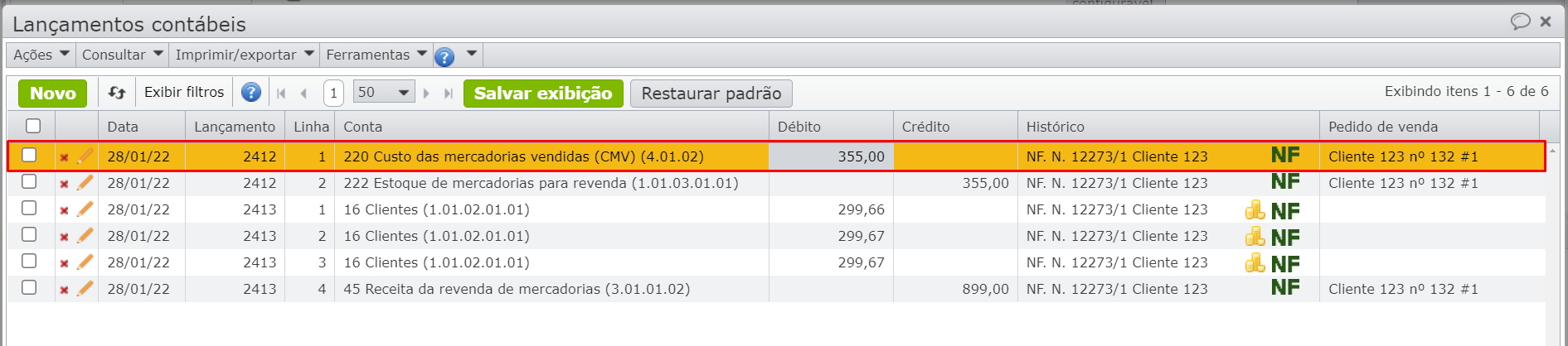 valor do lançamento contábil em destaque