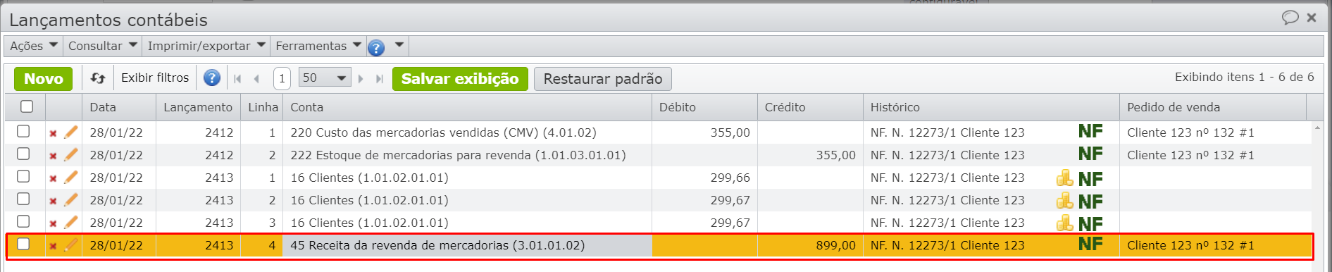 valores dos lançamentos contábeis