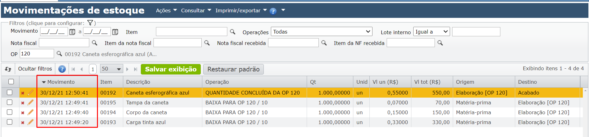 tela movimentações de estoque