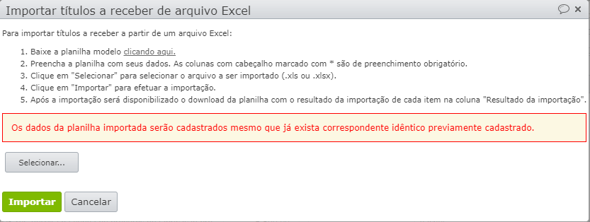 instruções da janela para importar contas a receber via excel