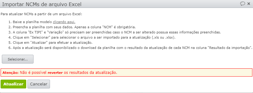 janela com instruções para importar NCM via excel
