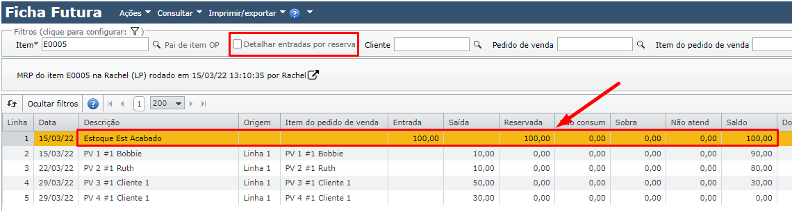 Ficha futura sem detalhar entradas por reserva