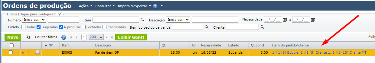 Tela de ordens de produção
