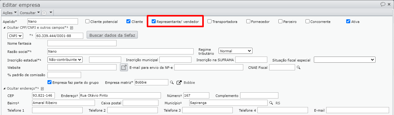 tela de edição da empresa