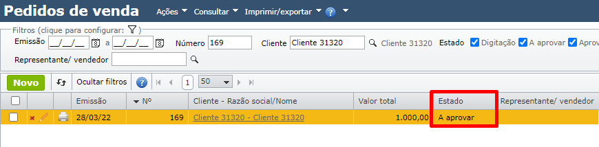 estado a aprovar na tela de pedidos de venda
