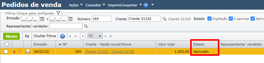 estado aprovado na tela de pedidos de venda
