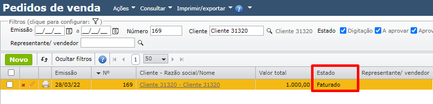 estado faturado na tela de pedidos de venda