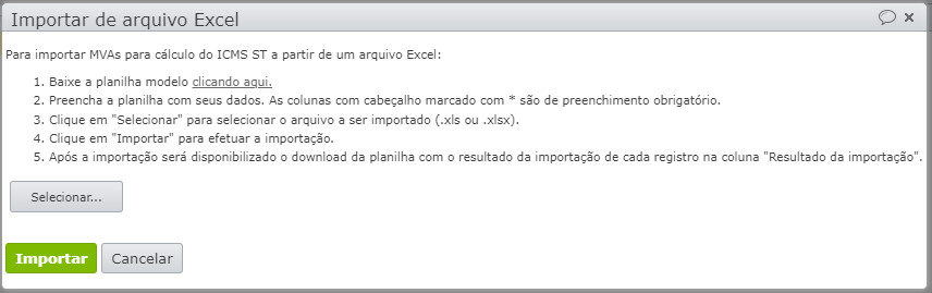 janela aberta para importar arquivo excel
