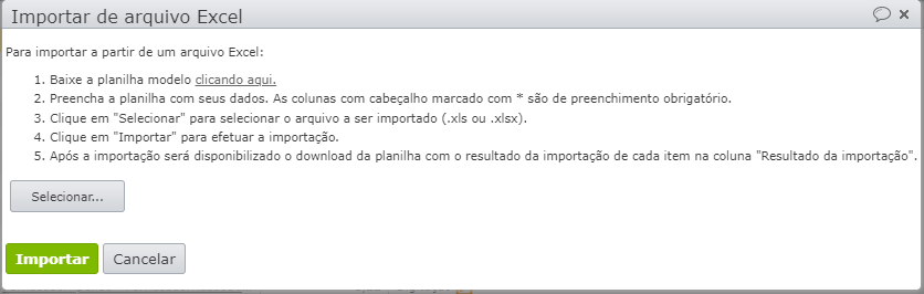 passo a passo para importar a partir de arquivo excel