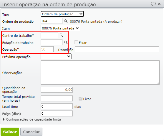 inserir operação na ordem de produção