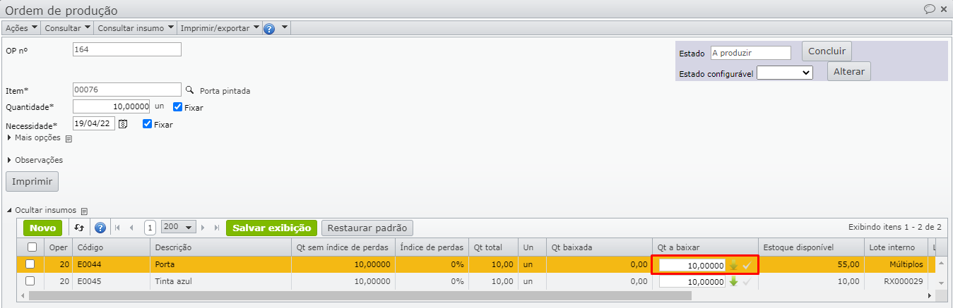 tela de edição da ordem de produção
