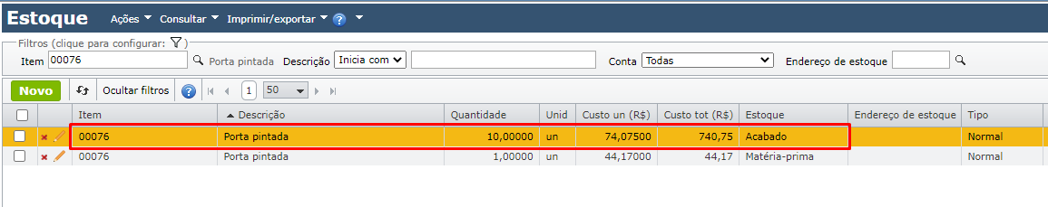 tela de estoque mostra a nova quantidade do produto final
