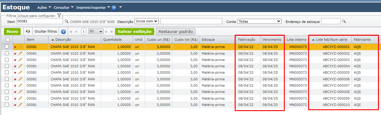grade de estoque - estocagem por número de série do fabricante