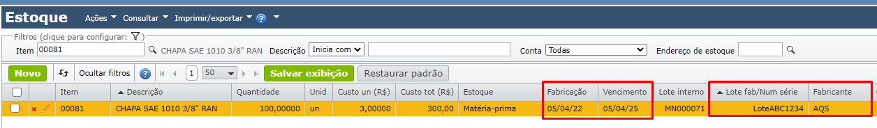 grade de estoque - estocagem por fabricante e lote do fabricante