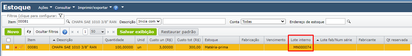 grade de estoque - estocagem por lote interno