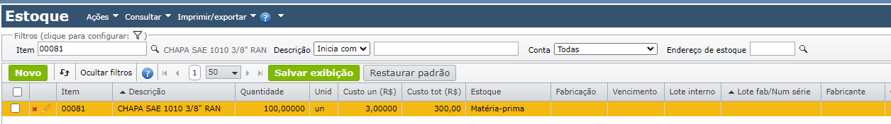 grade de estoque - estocagem por código do item