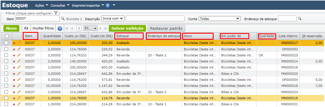tela de estoque e movimentações