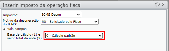janela inserir imposto da operação fiscal