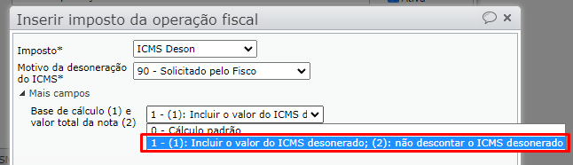janela inserir imposto da operação fiscal 02