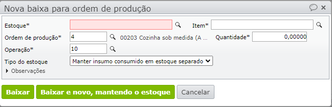 janela nova baixa para ordem de produção
