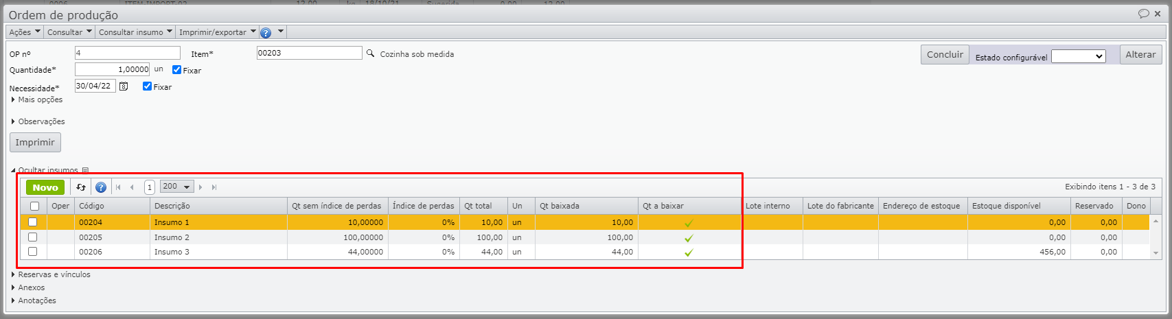 janela ordem de produção