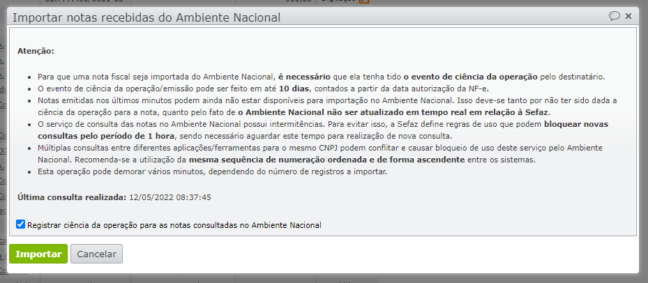Importação de notas do ambiente nacional informações