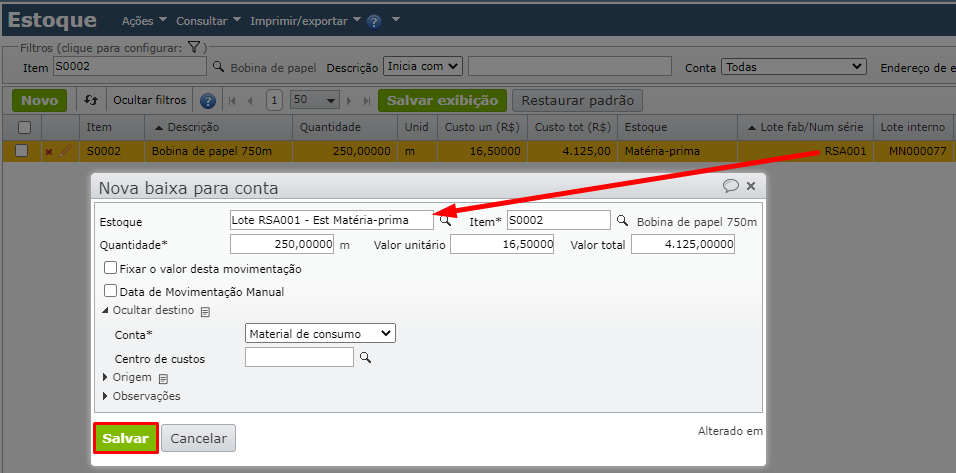 nova baixa para conta - campo estoque