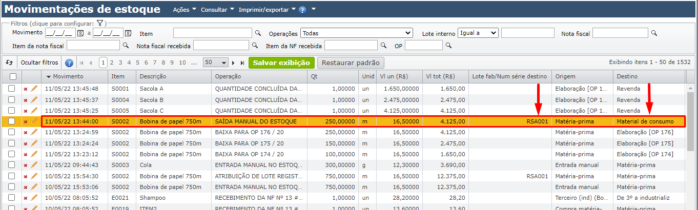 grade movimentações de estoque