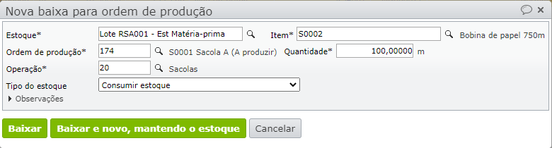 janela nova baixa para ordem de produção