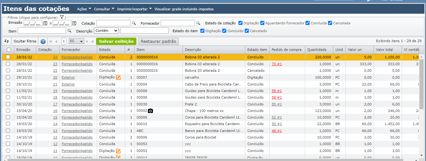 tela de "Itens das cotações de compra" do follow-up de compras